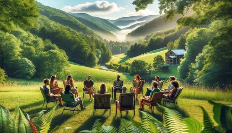 A group of people outdoors sitting in a circle, talking about and understanding dual diagnosis treatment.