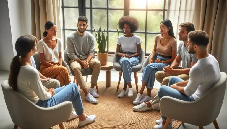 A group of people sitting in a circle, discussing their battle with addiction, during long-term addiction treatment.
