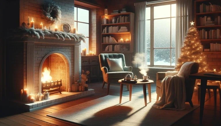 A cozy living room with a crackling fireplace and a comfortable chair, perfect for relaxation and warmth.