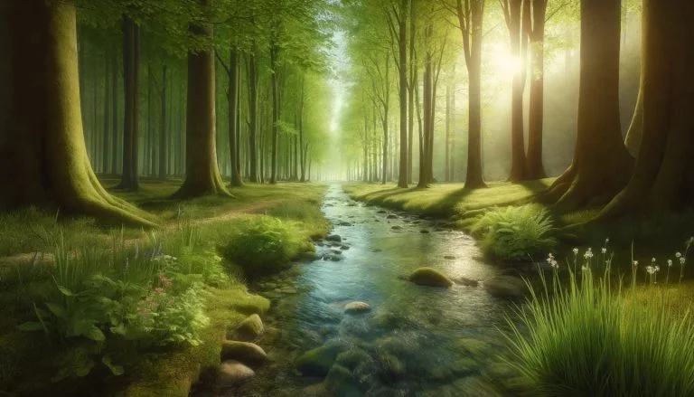 Tranquil forest landscape with flowing stream. Changing seasons affect mental health.