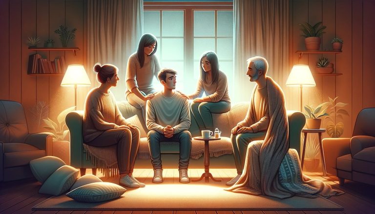 An image of a family on a living room couch, talking about how to support a loved one in recovery.